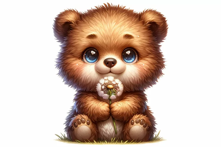 Bear Holding Dandelion clipart, Fantasy clipart