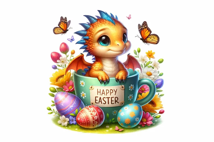 Cute Dragon Easter Clipart, Happy Easter Sublimation PNG