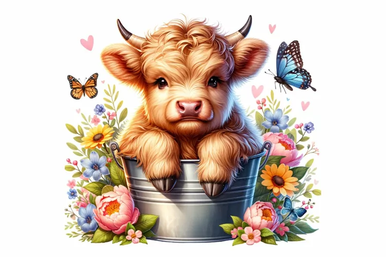 Cute Highland Cow Sitting in the Bucket Spring Clipart PNG