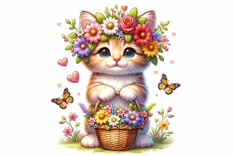 Cute Cat Holding Floral Basket Spring Clipart PNG