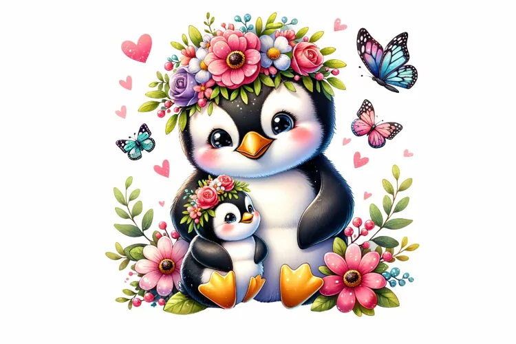Cute Penguin with Baby Mother's Day Clipart Sublimation PNG