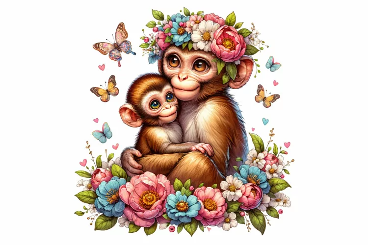 Cute Monkey with Baby Mother's Day Clipart Sublimation PNG