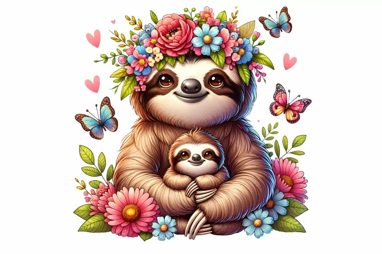 Cute Sloth with Baby Mother's Day Clipart Sublimation PNG