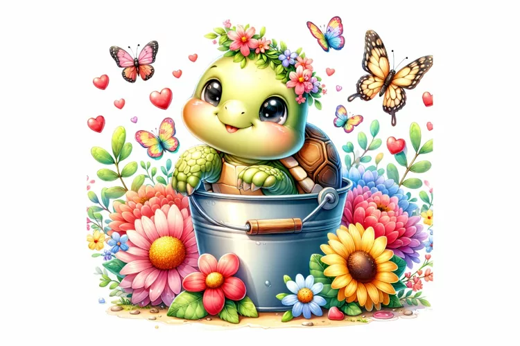 Cute Turtle Sitting in the Bucket Spring Clipart PNG