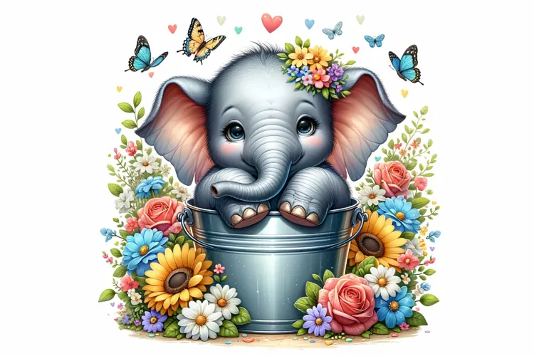 Cute Elephant Sitting in the Bucket Spring Clipart PNG