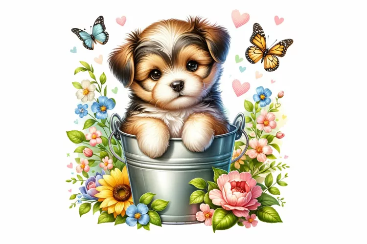 Cute Puppy Sitting in the Bucket Spring Clipart PNG