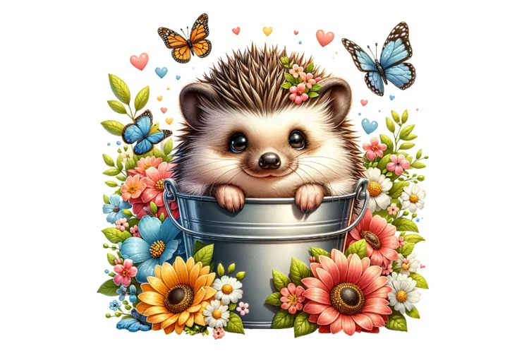 Cute Hedgehog Sitting in the Bucket Spring Clipart PNG