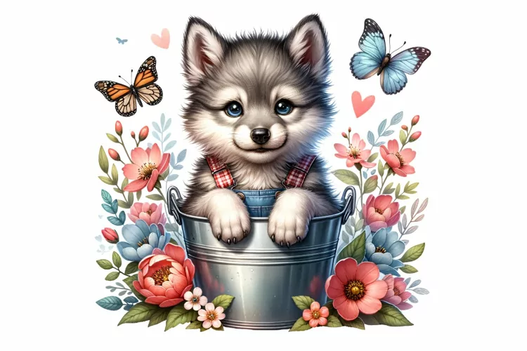Cute Wolf Sitting in the Bucket Spring Clipart PNG