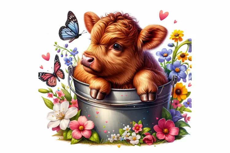Cute Highland Cow Sitting in the Bucket Spring Clipart PNG