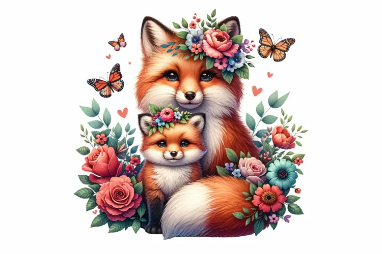 Cute Fox with Baby Mother's Day Clipart Sublimation PNG