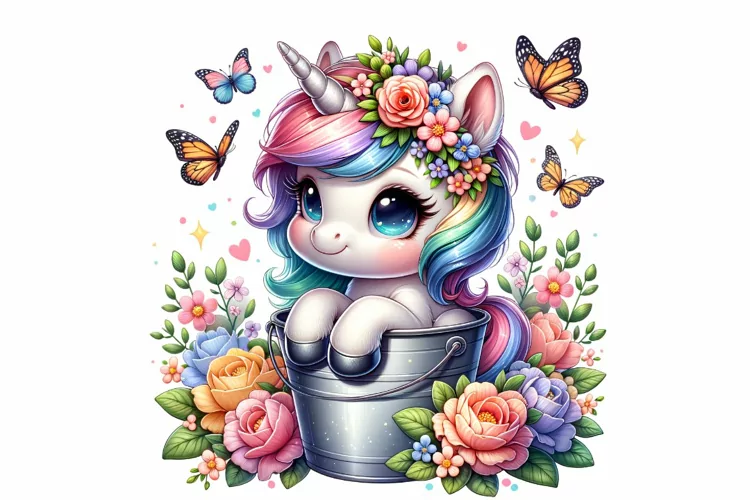 Cute Unicorn Sitting in the Bucket Spring Clipart PNG