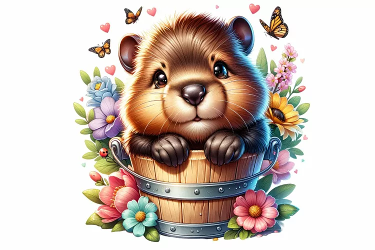 Cute Beaver Sitting in the Bucket Spring Clipart PNG