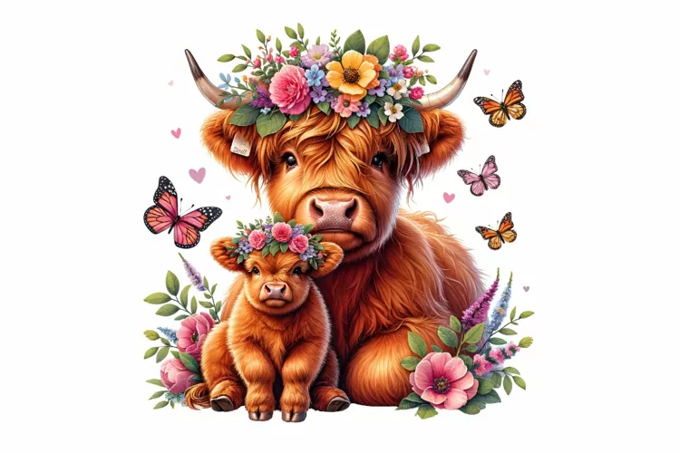 Cute Highland Cow with Baby Mother's Day Clipart Sublimation