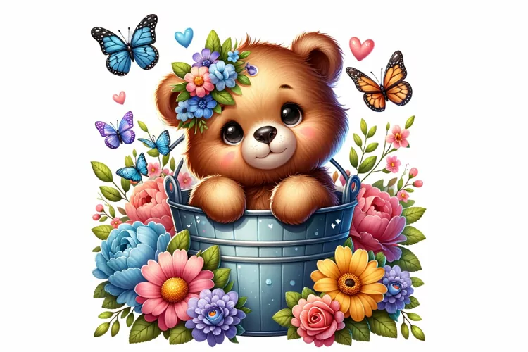 Cute Bear Sitting in the Bucket Spring Clipart PNG