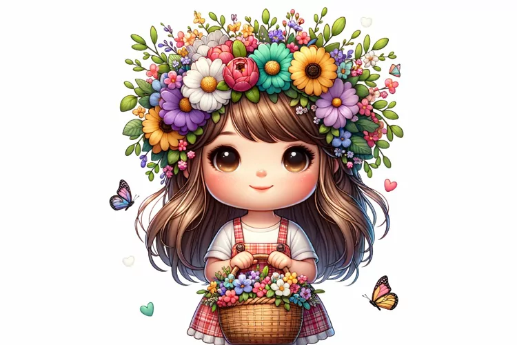 Cute Girl Holding Floral Basket Spring Clipart PNG