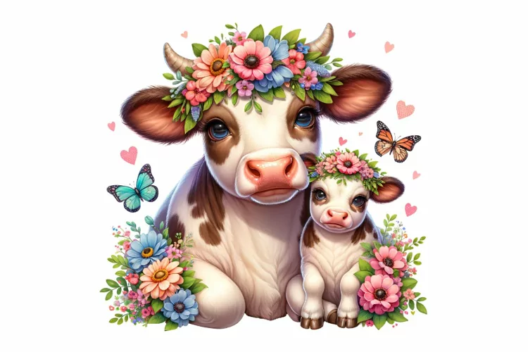 Cute Cow with Baby Mother's Day Clipart Sublimation PNG