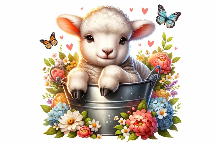 Cute Lamb Sitting in the Bucket Spring Clipart PNG