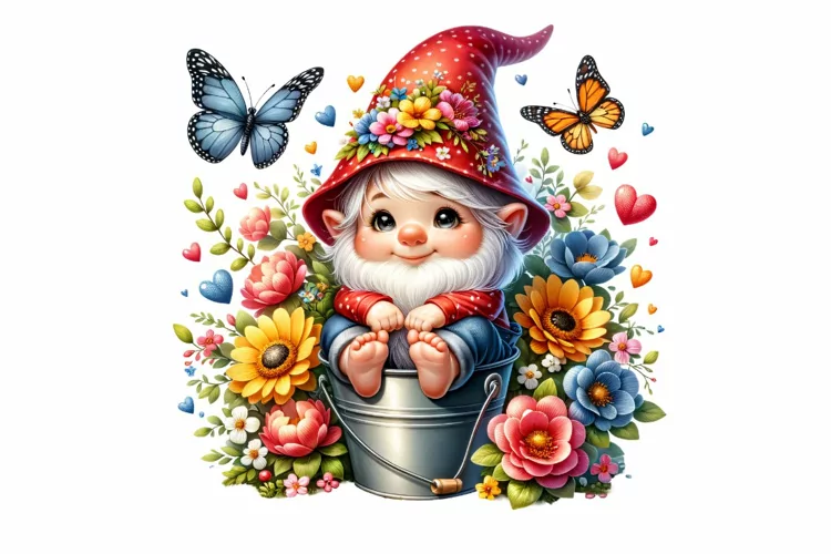 Cute Gnome Sitting in the Bucket Spring Clipart PNG