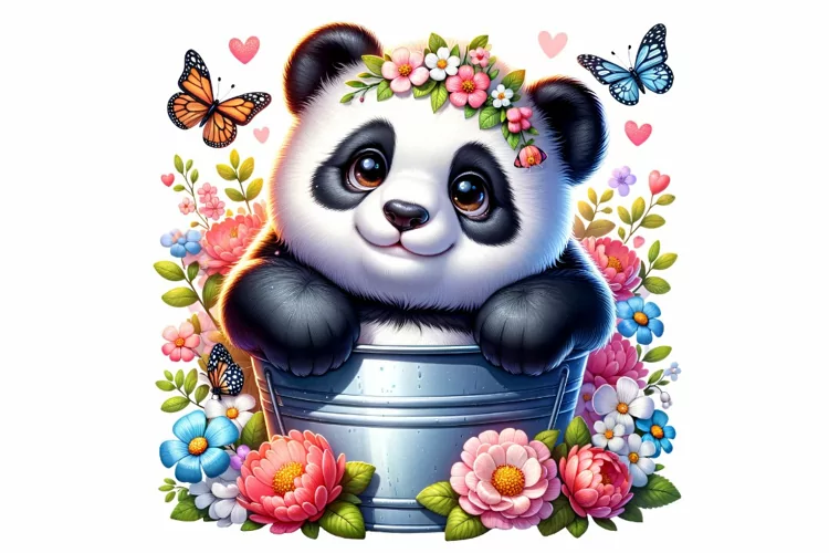 Cute Panda Sitting in the Bucket Spring Clipart PNG