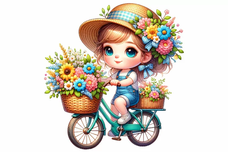 Cute Girl Cycling Spring Clipart Sublimation PNG