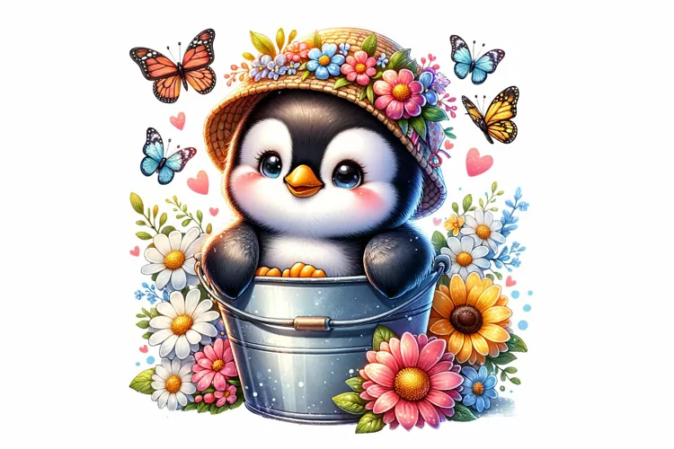 Cute Penguin Sitting in the Bucket Spring Clipart PNG