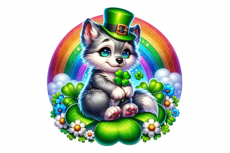 Cute Wolf St Patrick’s Day Clipart Sublimation PNG