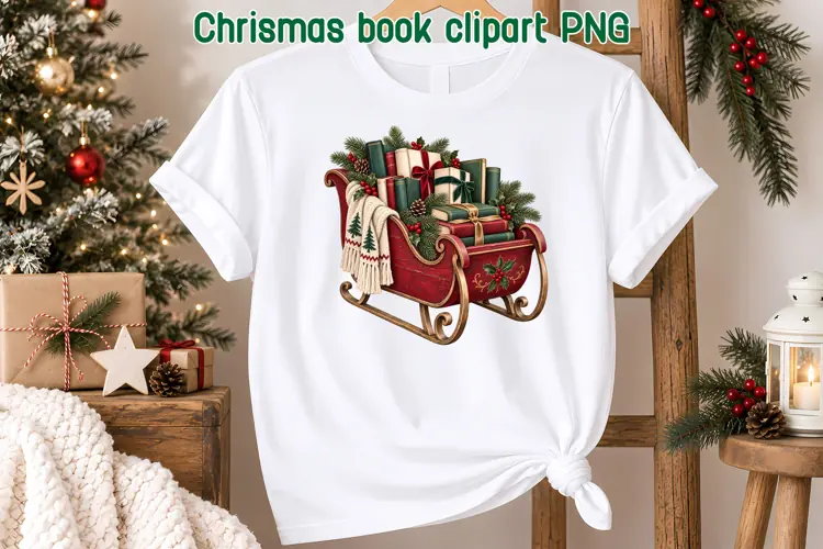 Christmas Book Sleigh Clipart PNG | Book Lover Sublimation