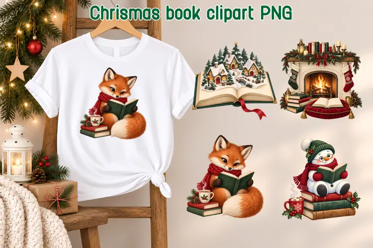Christmas Book Lover Clipart PNG | Cozy Reading Designs