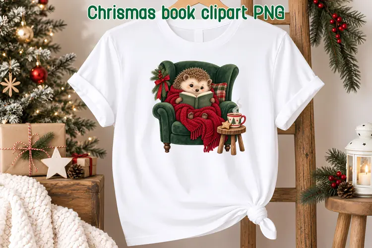 Christmas Hedgehog Book Clipart PNG | Cozy Reading