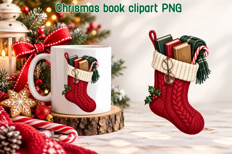Christmas Stocking Book Clipart PNG | Book Lover Sublimation