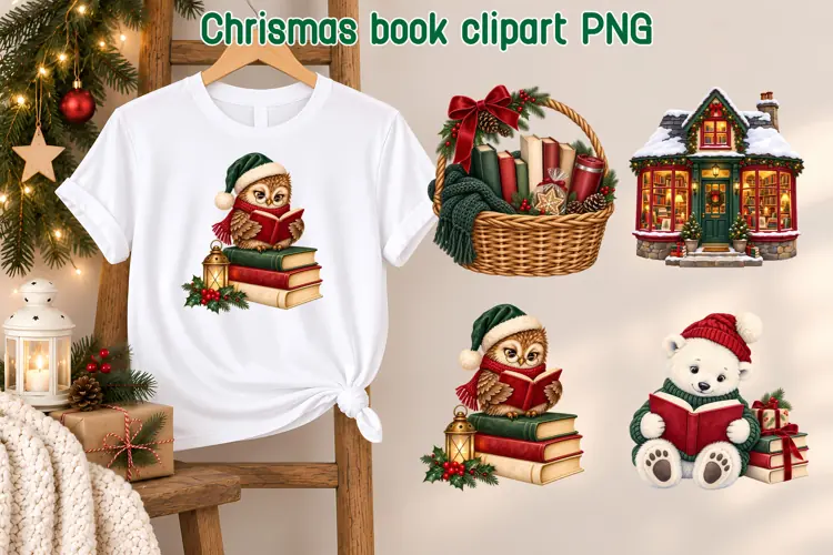 Christmas Reading Owl Clipart PNG | Book Lover Sublimation