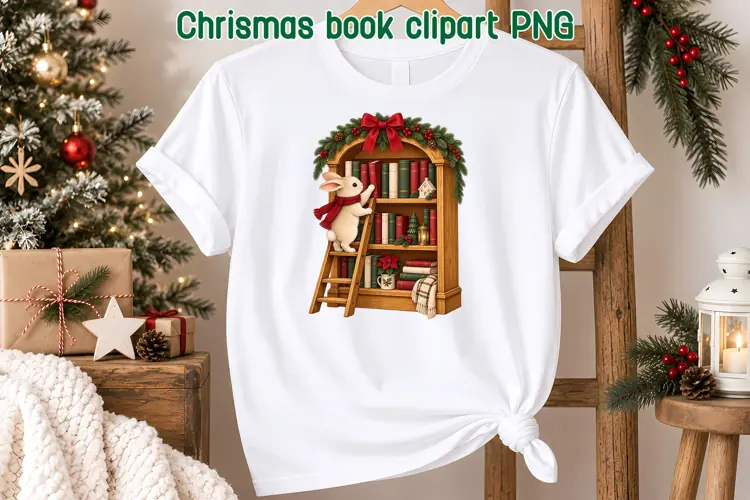 Christmas Bunny Bookcase Clipart PNG | Book Lover