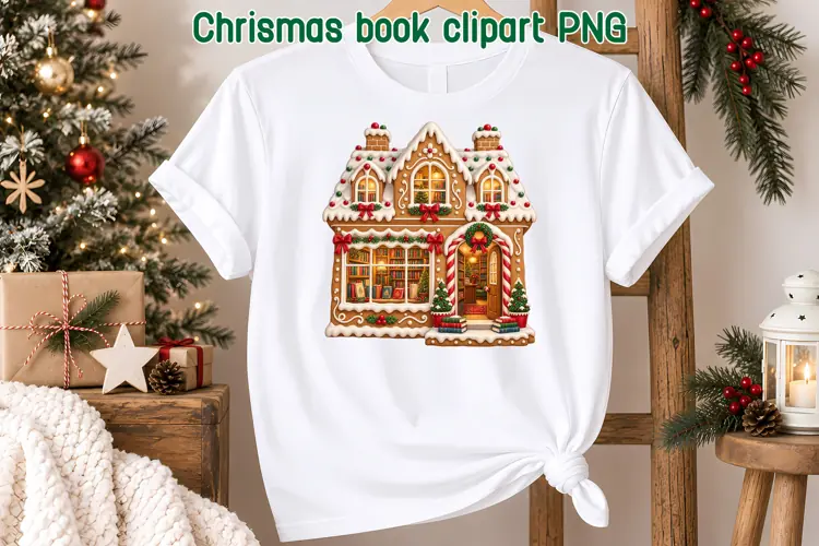Christmas Gingerbread Bookshop Clipart PNG | Book Lover