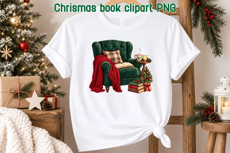 Cozy Christmas Reading Chair Clipart PNG | Book Lover