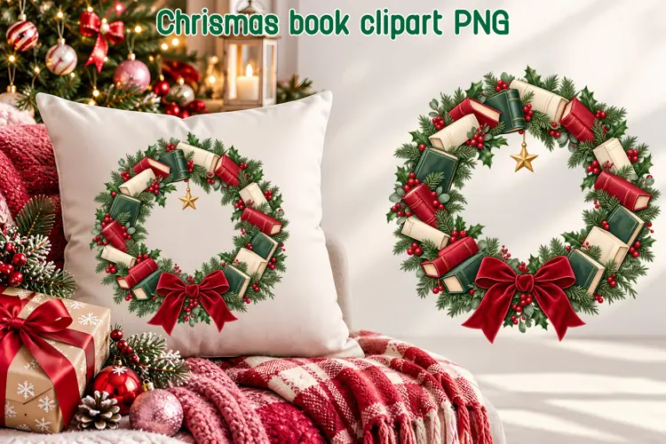 Christmas Book Wreath Clipart PNG | Book Lover Sublimation