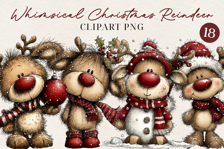 Cute Whimsical Christmas Reindeer Clipart Holiday PNG BUNDLE