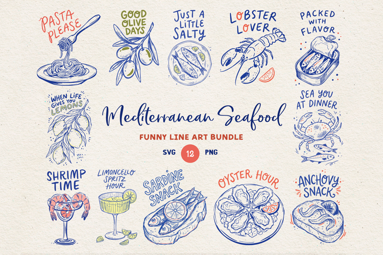 Mediterranean Seafood Quotes SVG PNG Bundle.