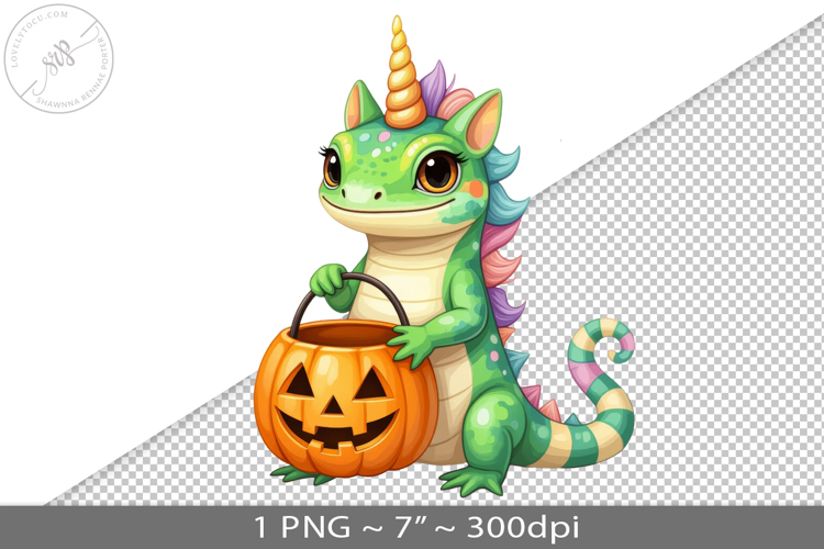 Halloween kawaii lizard unicorn PNG graphic
