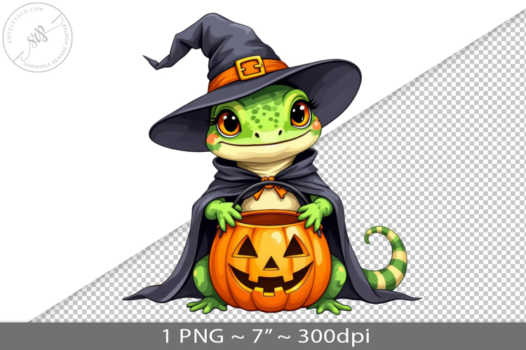 Halloween kawaii lizard witch PNG graphic