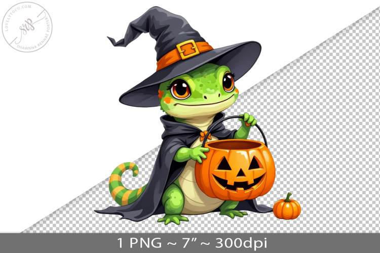Halloween kawaii lizard witch PNG graphic