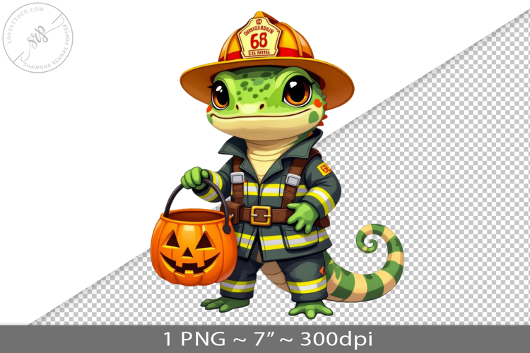 Halloween kawaii lizard fireman PNG graphic