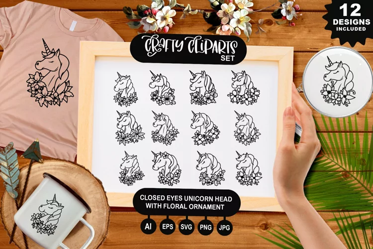 Closed Eyes Unicorn Head With Floral Ornament Clipart Set