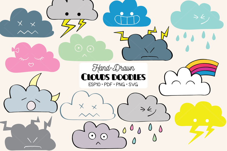 Clouds Colored Kawaii | Hand Drawn Weather, Rainbow, Moon
