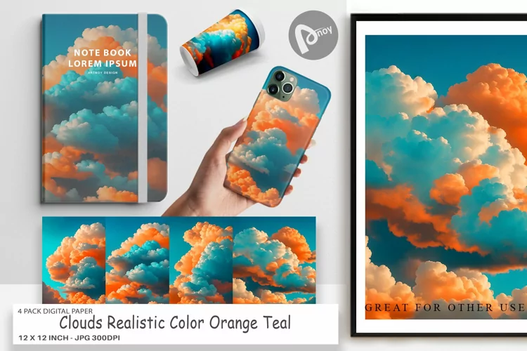 Digital Paper Clouds Realistic Orange Teal
