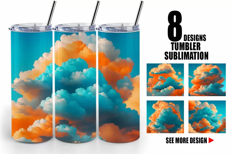 Clouds Realistic Orange Teal | Tumbler Sublimation Wrap