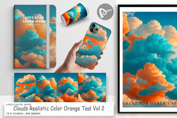 Digital Paper Clouds Realistic Orange Teal