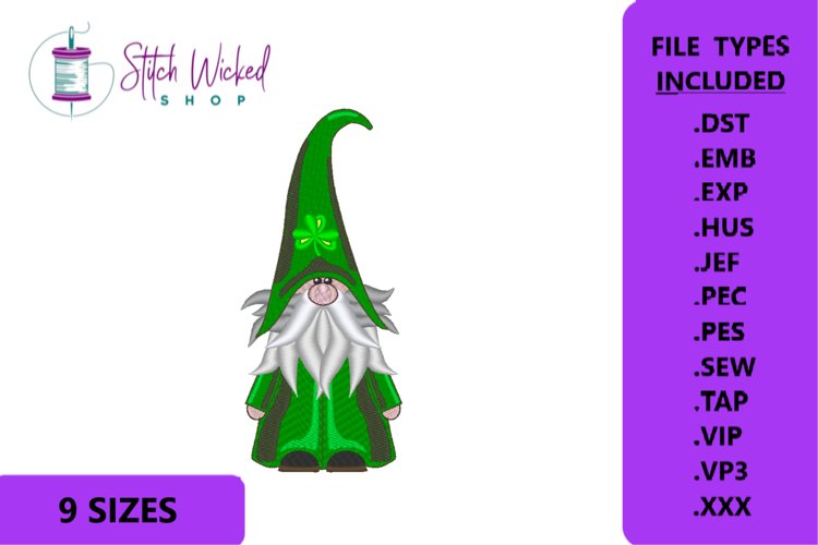 Clover Hat Gnome Machine Embroidery Design, 9 Sizes