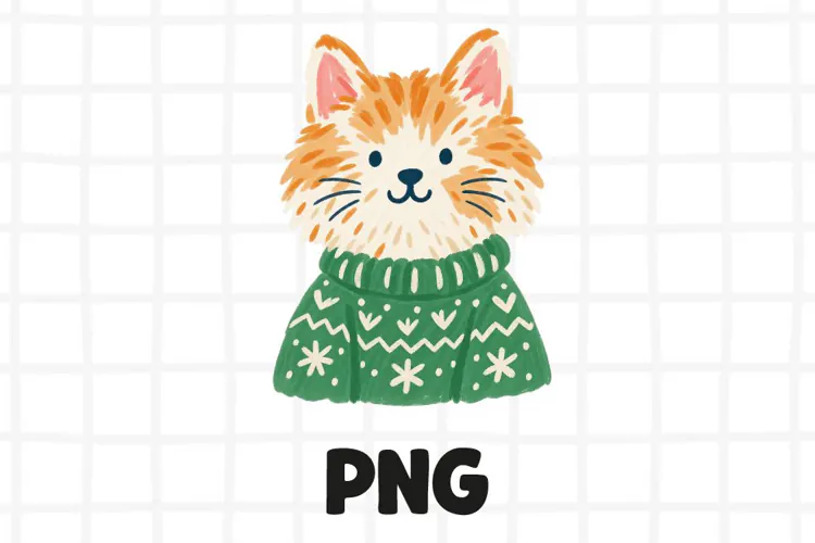 Cozy Christmas Cat in Green Sweater PNG.