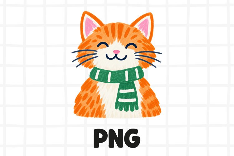 Cute Orange Cat in Green Scarf PNG, Cozy Winter Cat Clipart example image 1