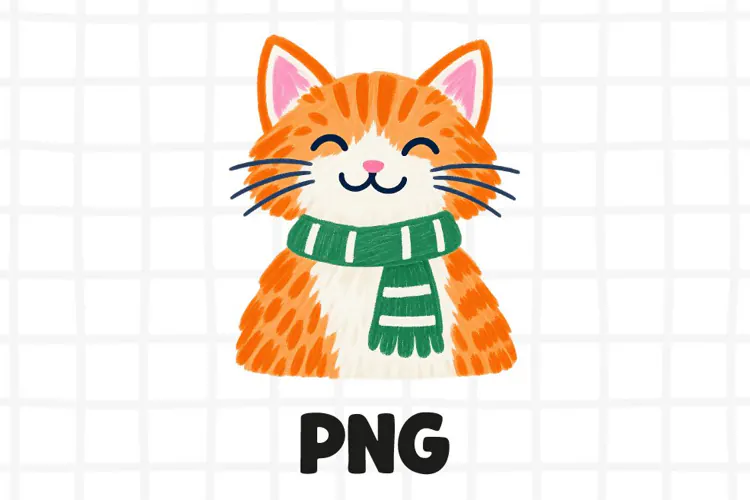 Cute Orange Cat in Green Scarf PNG, Cozy Winter Cat Clipart